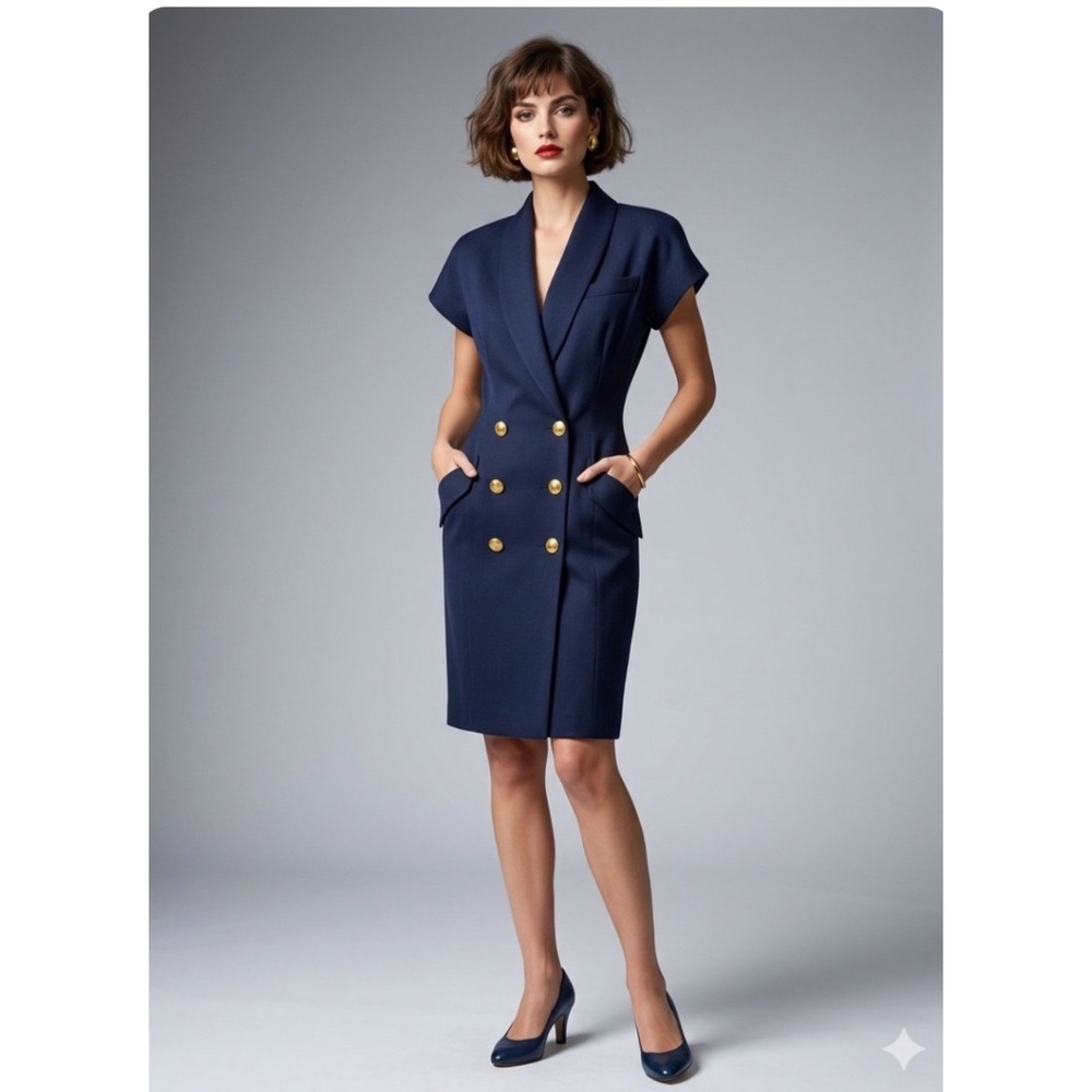 Vintage Bill Blass Wool Navy Blue Short Sleeve Sheath Dress Gold Buttons